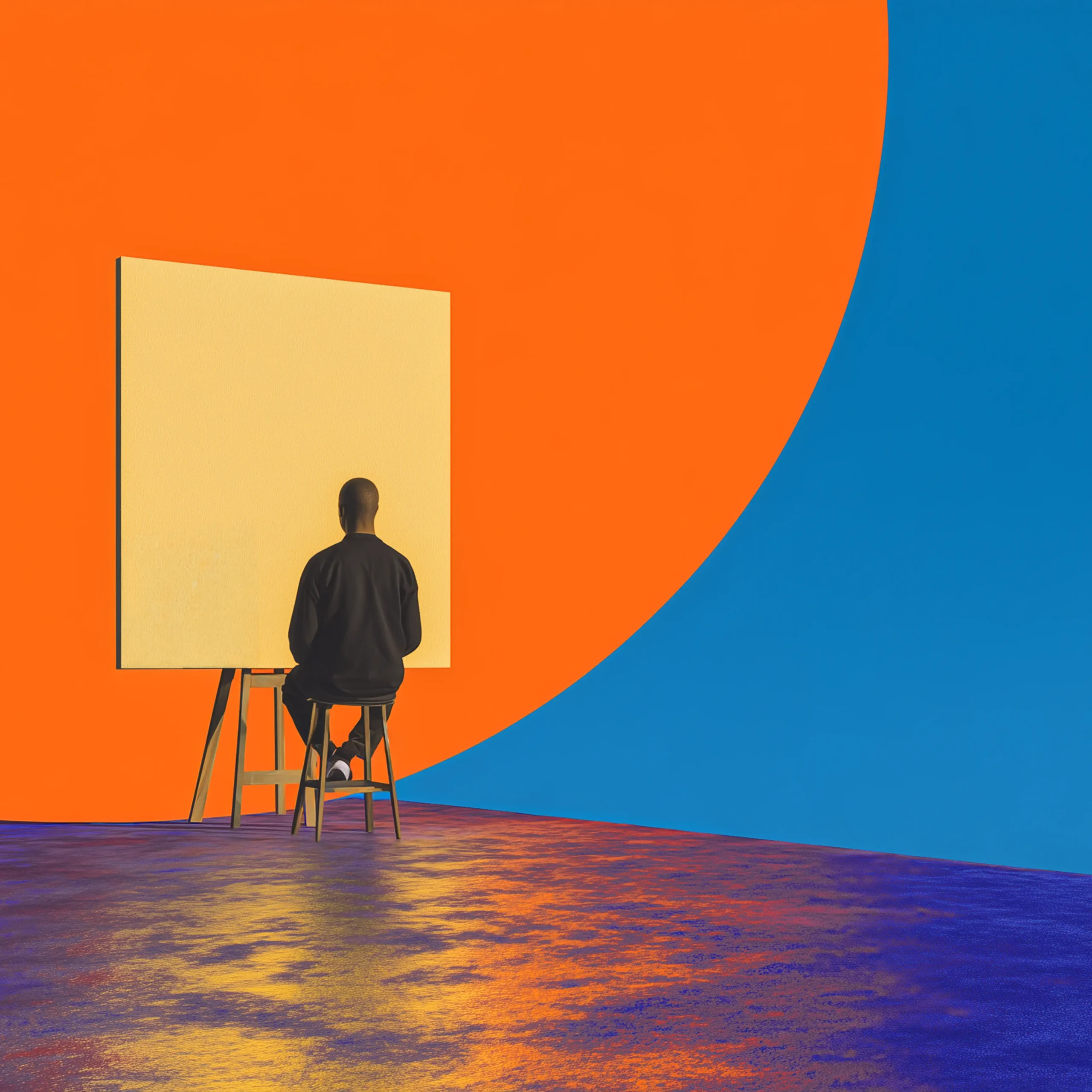 Back-view of a person on a ladder painting a large orange wall beside a blue curved backdrop.