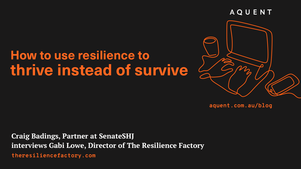 Dark hero banner with bold orange title 'How to use resilience to thrive instead of survive' and an orange line-drawing computer on the right; 'www-beta.aquent.io.au/blog' visible.