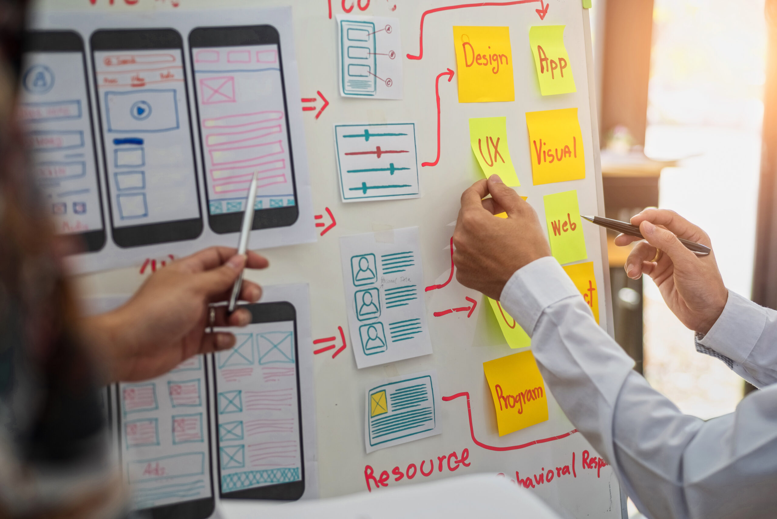 Hands placing yellow sticky notes on a whiteboard filled with UI sketches, arrows, and labels like Design, App, UX—collaborative design planning scene