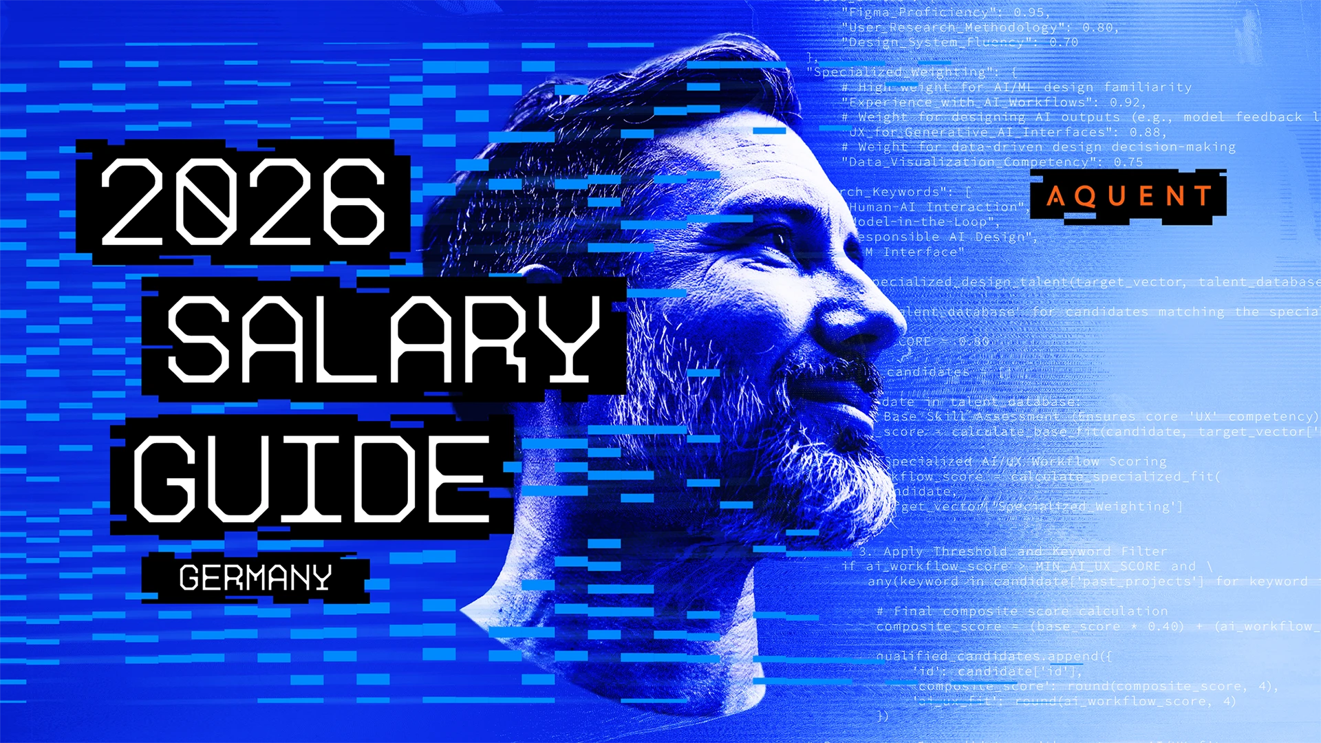 Blue digital artwork advertising the 2026 Salary Guide for Germany, by Aquent, showing a man’s profile and bold text blocks.