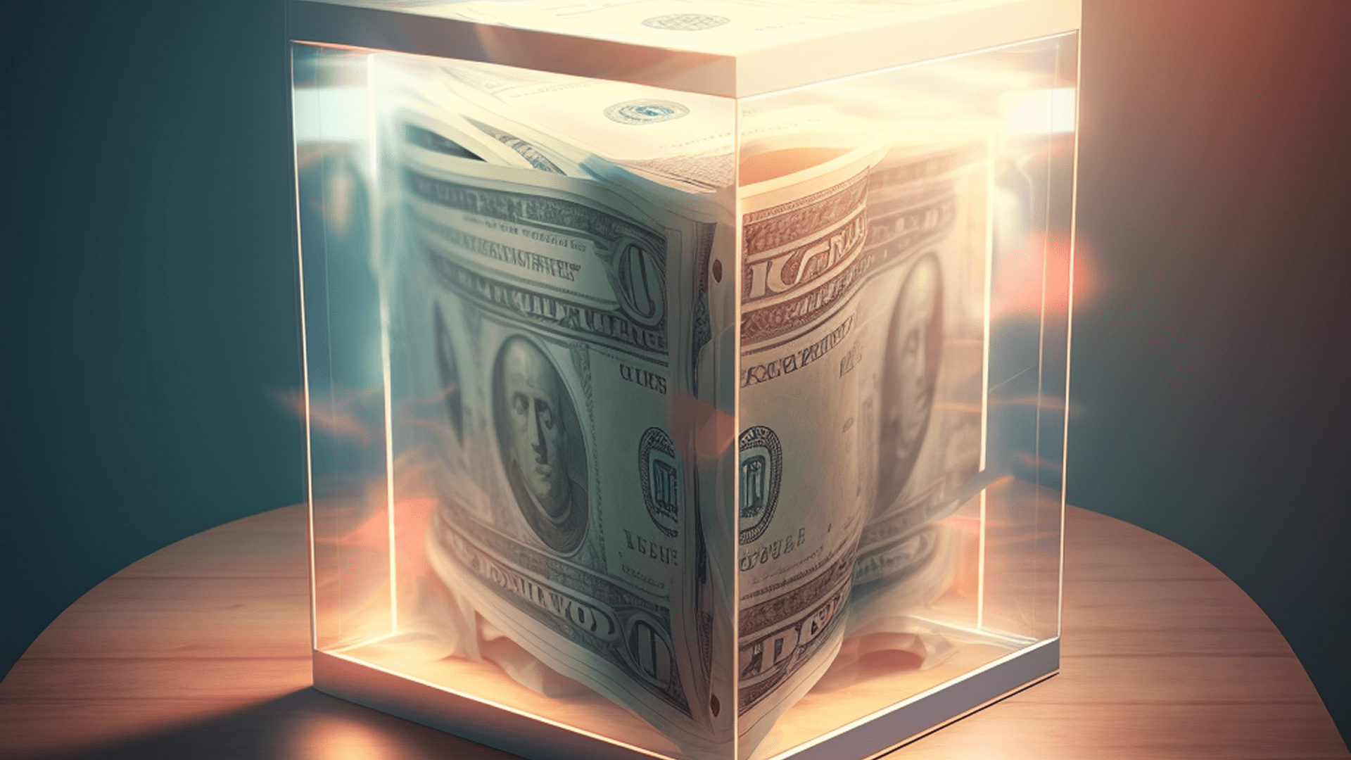 Dollar bills locked in glass box