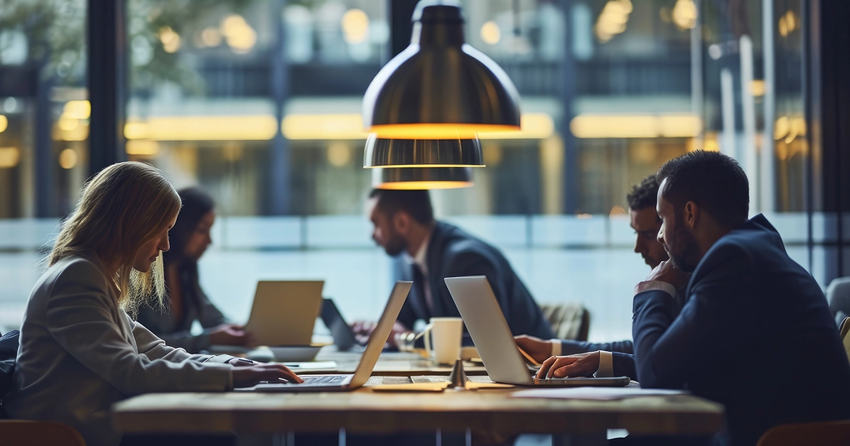 Employees working in a dim office setting.