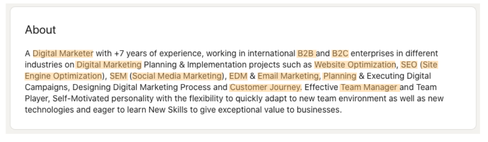 Example of using keywords in the About section of your LinkedIn profile
