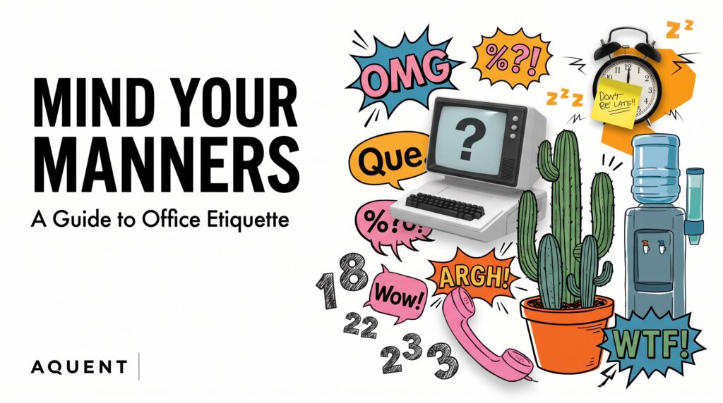 Couverture du rapport Mind Your Manners montrant une fontaine à eau, un cactus, un téléphone, un vieil ordinateur, une horloge et plus encore